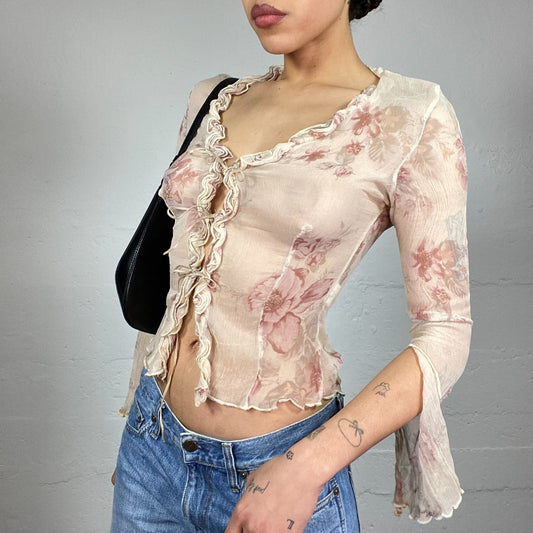 Vintage 2000's Lily Rose Depp Beige Button Up Shirt Top with Floral Print (S)
