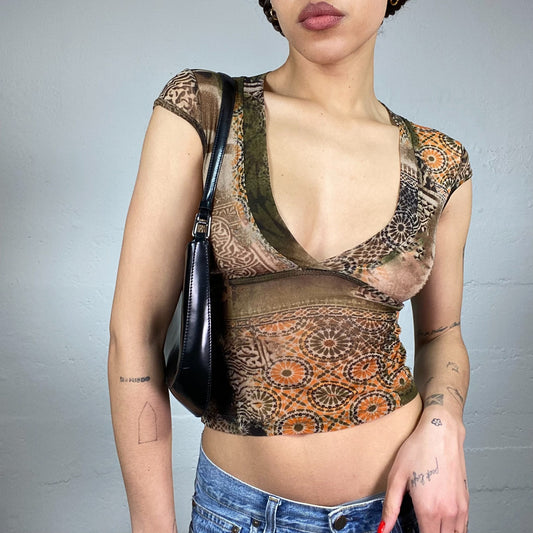 Vintage 2000's Batik Brown Mesh Top with Ethnic & Tie Dye Print (S)