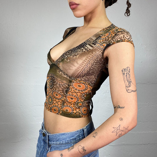 Vintage 2000's Batik Brown Mesh Top with Ethnic & Tie Dye Print (S)