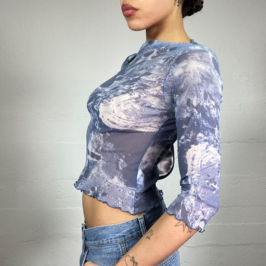 Vintage 2000's Cyber Blue Mesh Longsleeve Top with Lunar Craters Print (S)