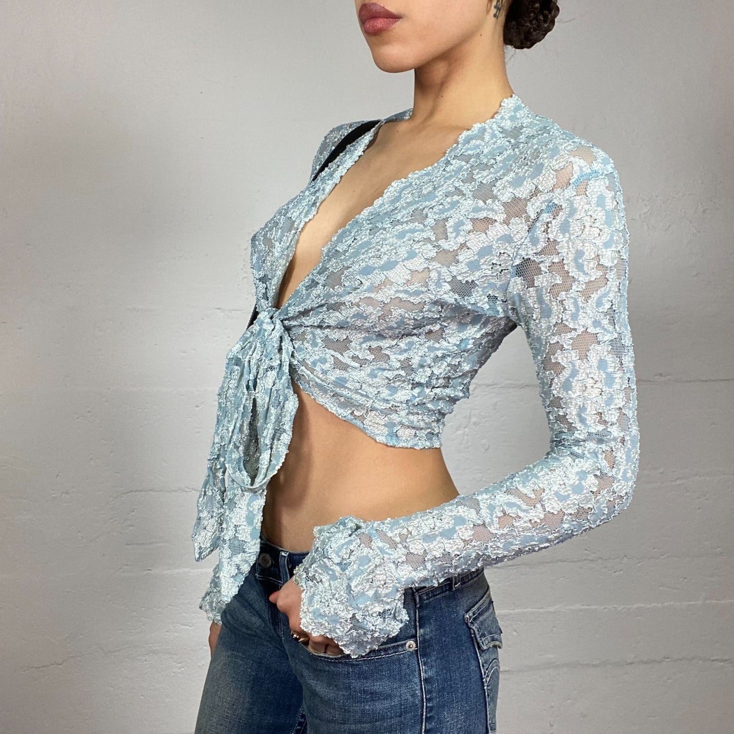 Vintage 2000's Ballet Baby Blue Mesh Lace Tie Up Bolero (S/M)