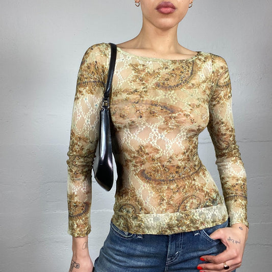 Vintage 2000's Indie Girl Beige Mesh Lace Top with Brown Tie Dye Print (S/M)