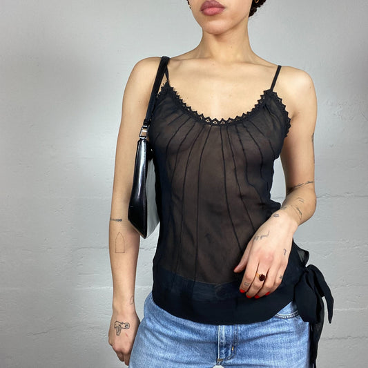 Vintage 2000's Clubwear Black Mesh Top with Seam Lines Detail (S)
