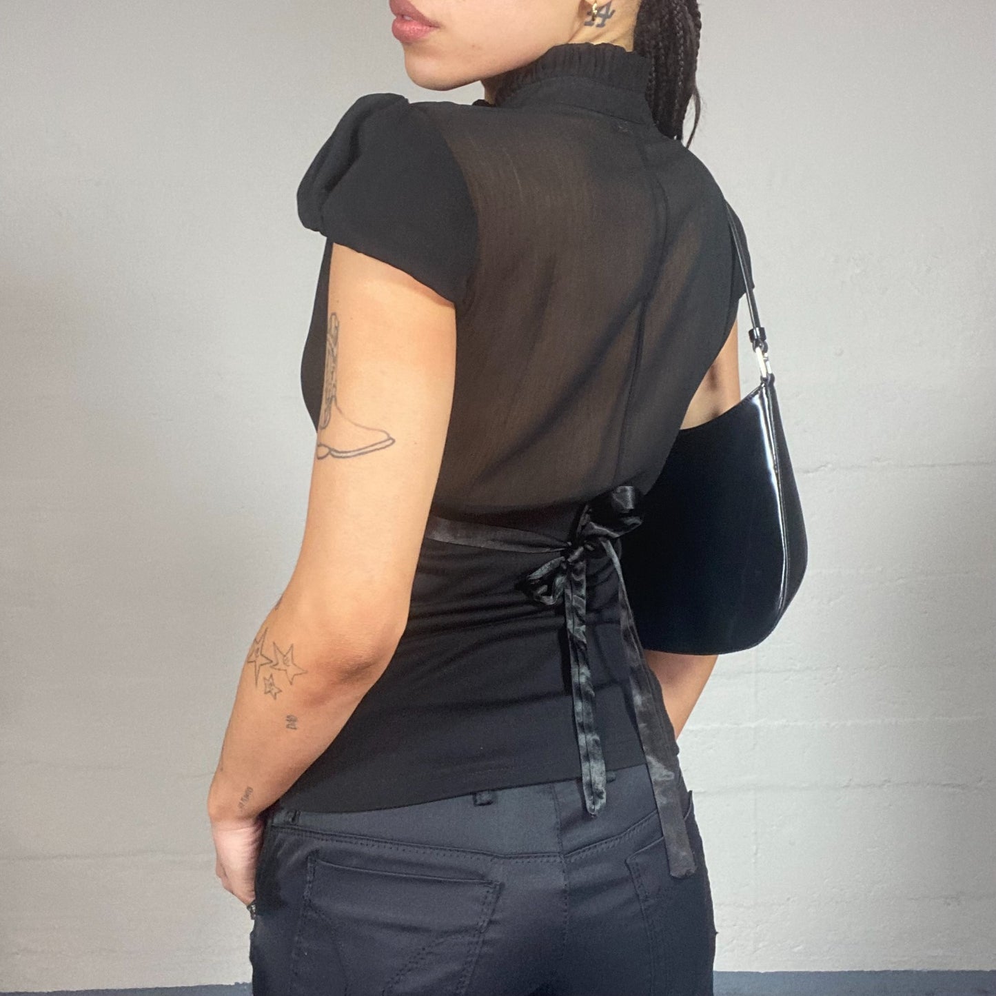 Vintage 2000's Office Siren Black Short Sleeve Blouse Top with Mesh Chest Part Detail (S)