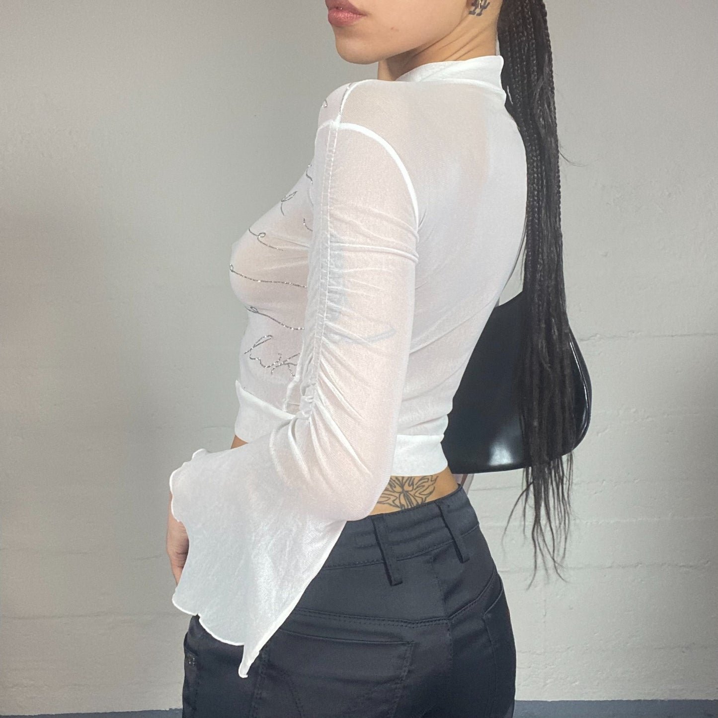 Vintage 2000's Ballet White Long Sleeve Mesh Top with Rhinestones Typography Print Detail (S)