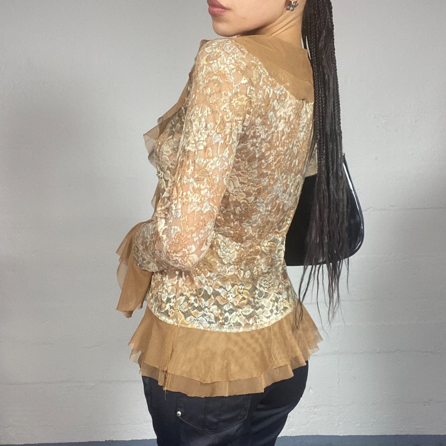 Vintage 2000's Mob Wife Brown See Through Lace Up Top with Frills Detail (M/L)