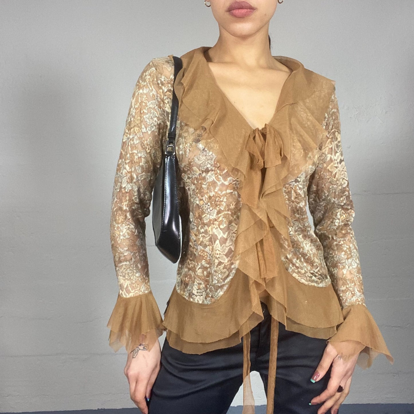 Vintage 2000's Mob Wife Brown See Through Lace Up Top with Frills Detail (M/L)