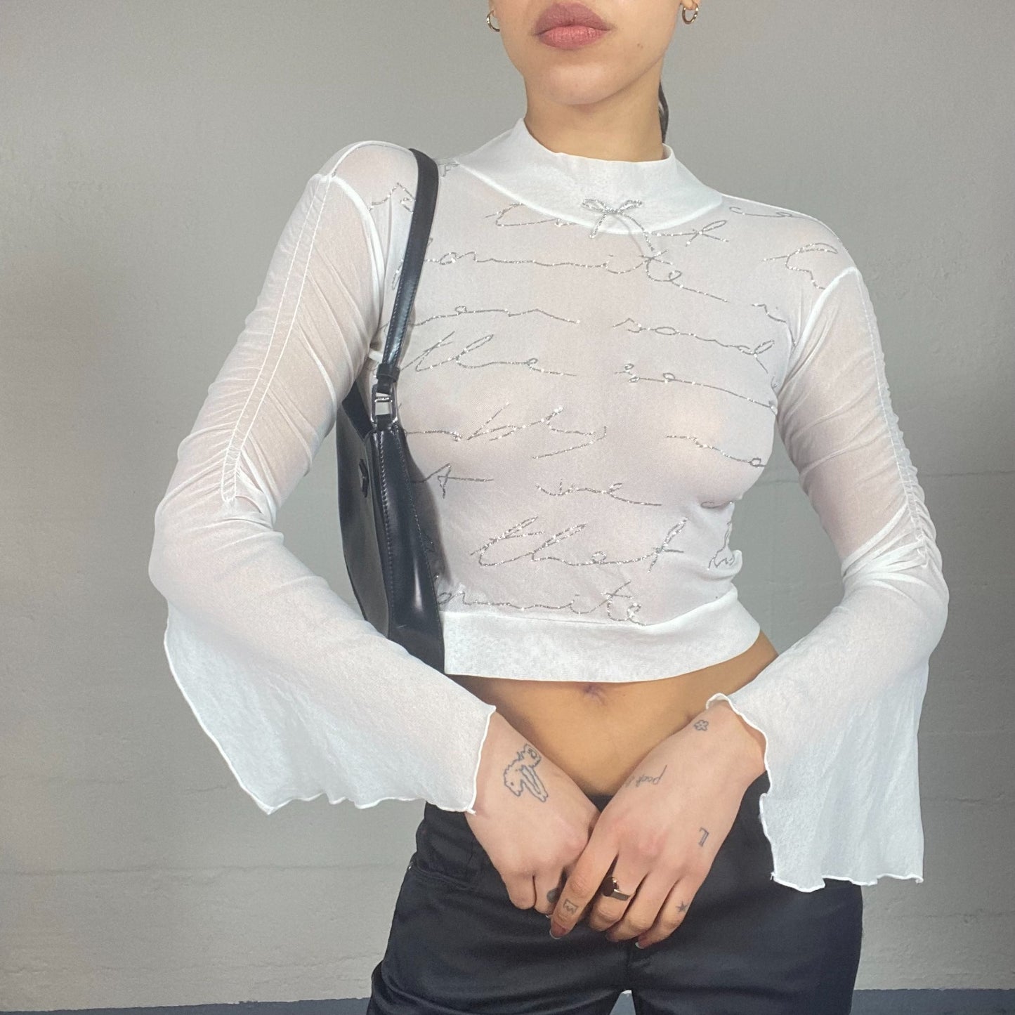 Vintage 2000's Ballet White Long Sleeve Mesh Top with Rhinestones Typography Print Detail (S)
