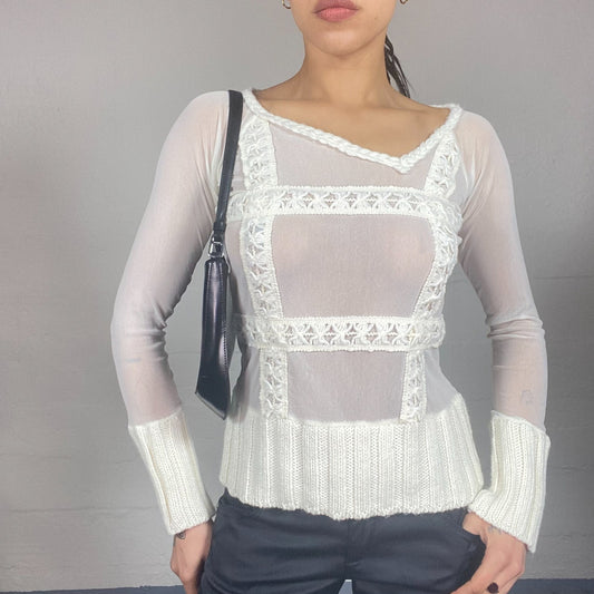 Vintage 90's Batik White Mesh Longsleeve Top with Knitted Trims Detail (M)