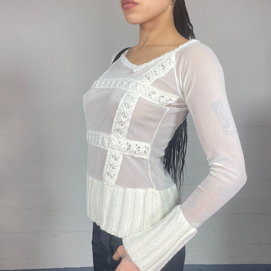 Vintage 90's Batik White Mesh Longsleeve Top with Knitted Trims Detail (M)