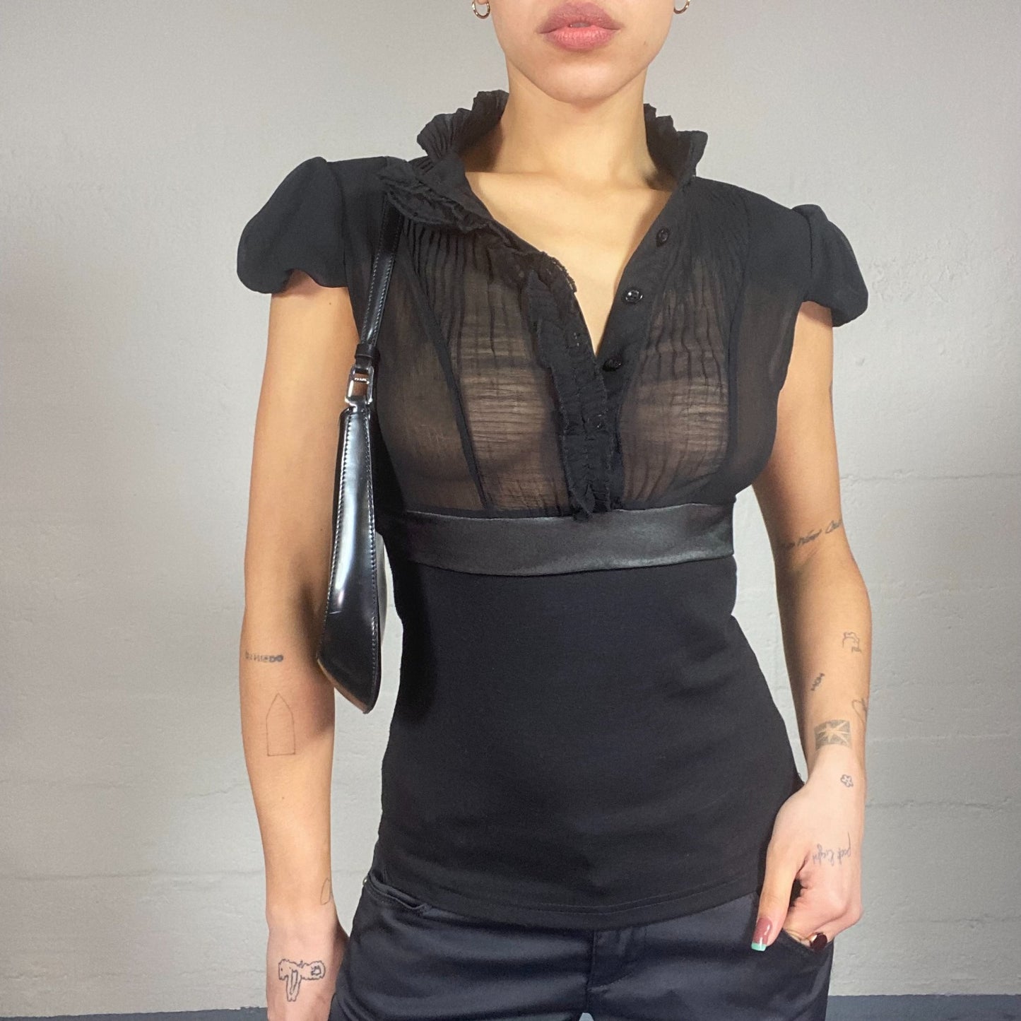 Vintage 2000's Office Siren Black Short Sleeve Blouse Top with Mesh Chest Part Detail (S)
