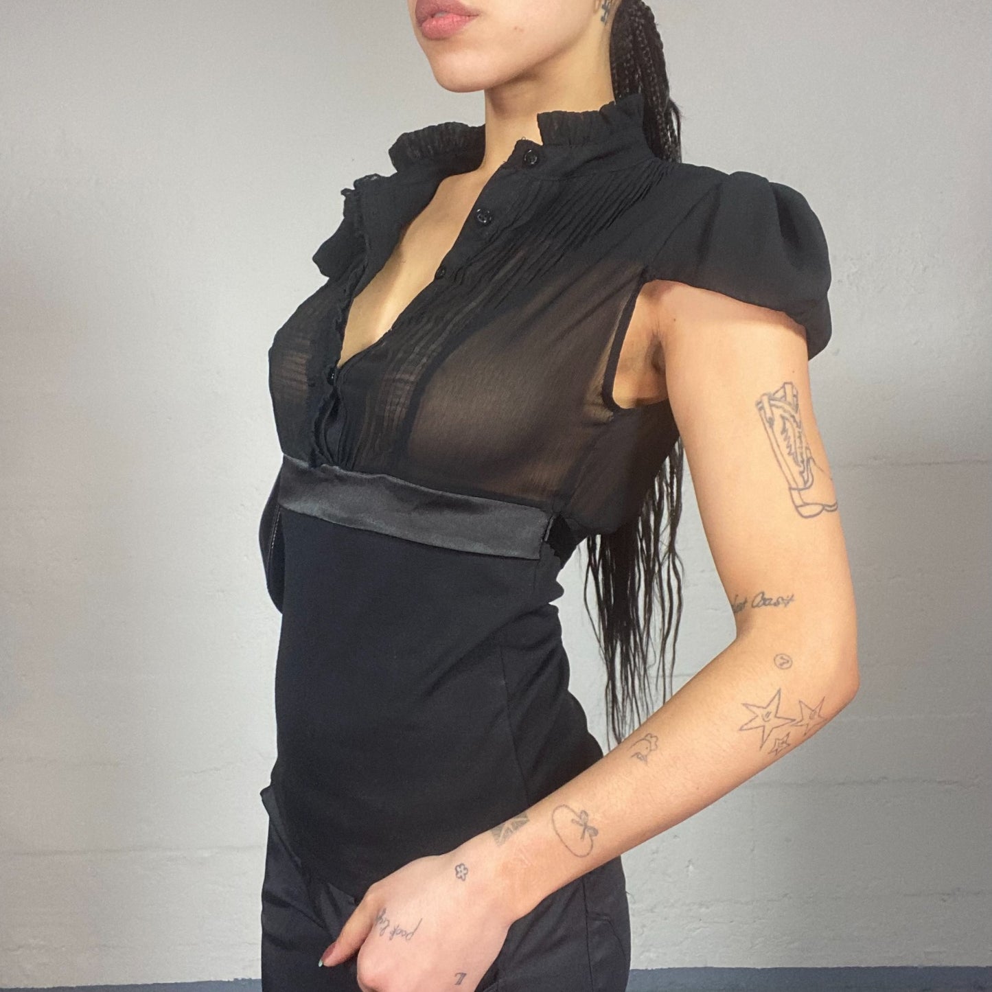 Vintage 2000's Office Siren Black Short Sleeve Blouse Top with Mesh Chest Part Detail (S)