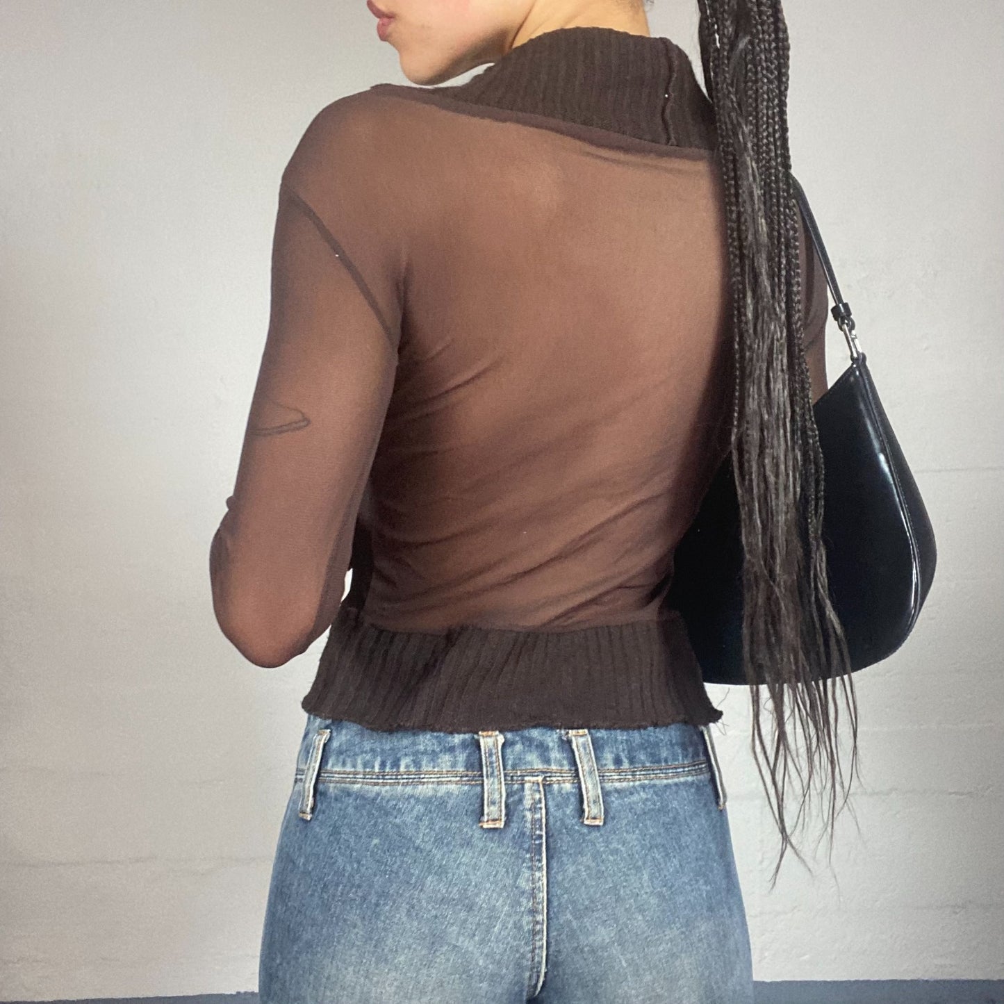 Vintage 2000's Ballet Brown Long Sleeve Mesh Top with Knitted Highneck Detail (M)