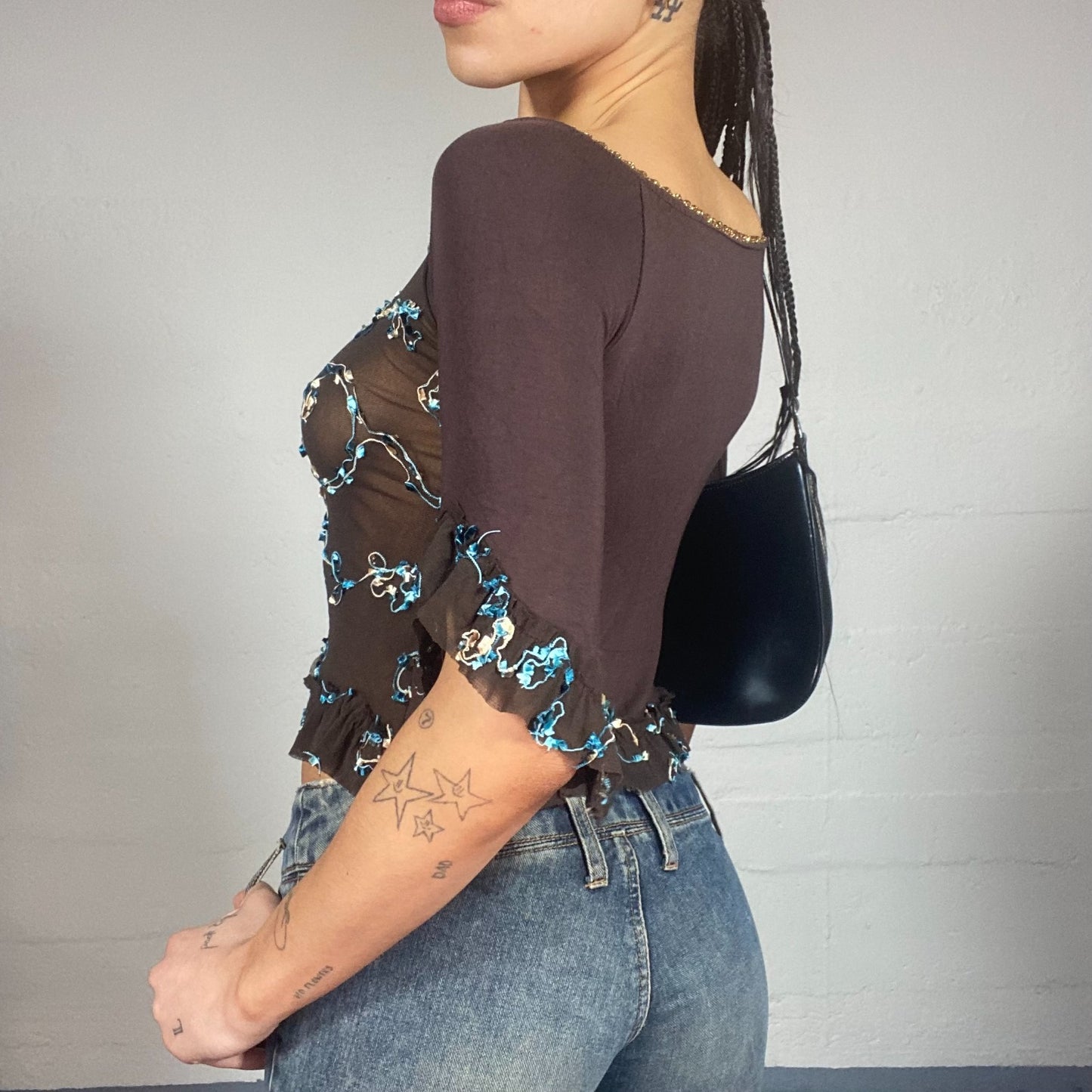 Vintage 2000's Festive Black Long Sleeve Mesh Top with Gold Rings Lace Up and Blue Floral Detail (M)