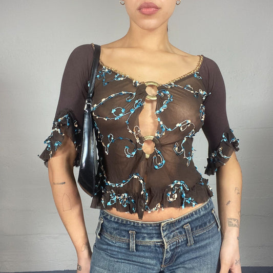 Vintage 2000's Festive Black Long Sleeve Mesh Top with Gold Rings Lace Up and Blue Floral Detail (M)