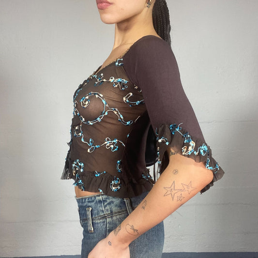 Vintage 2000's Festive Black Long Sleeve Mesh Top with Gold Rings Lace Up and Blue Floral Detail (M)