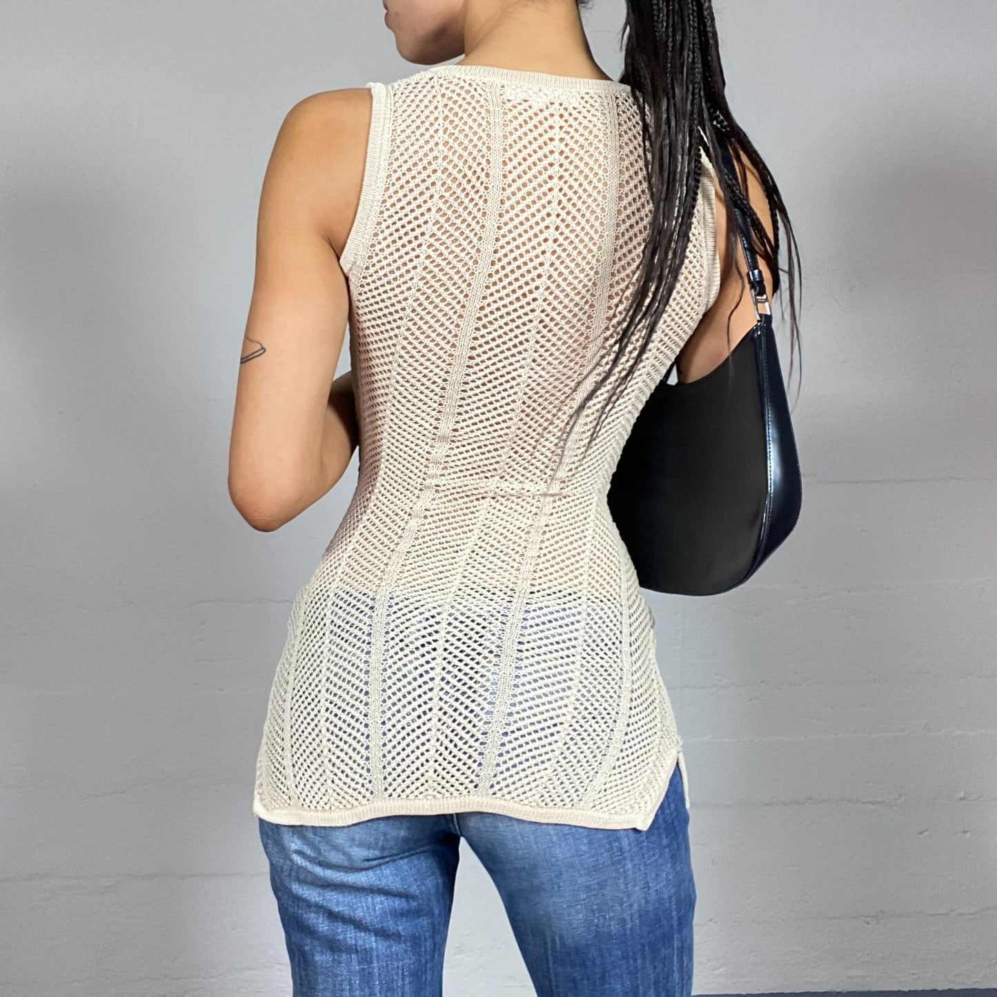 Vintage 2000's Boho Girl Beige Crochet Long Top (S)