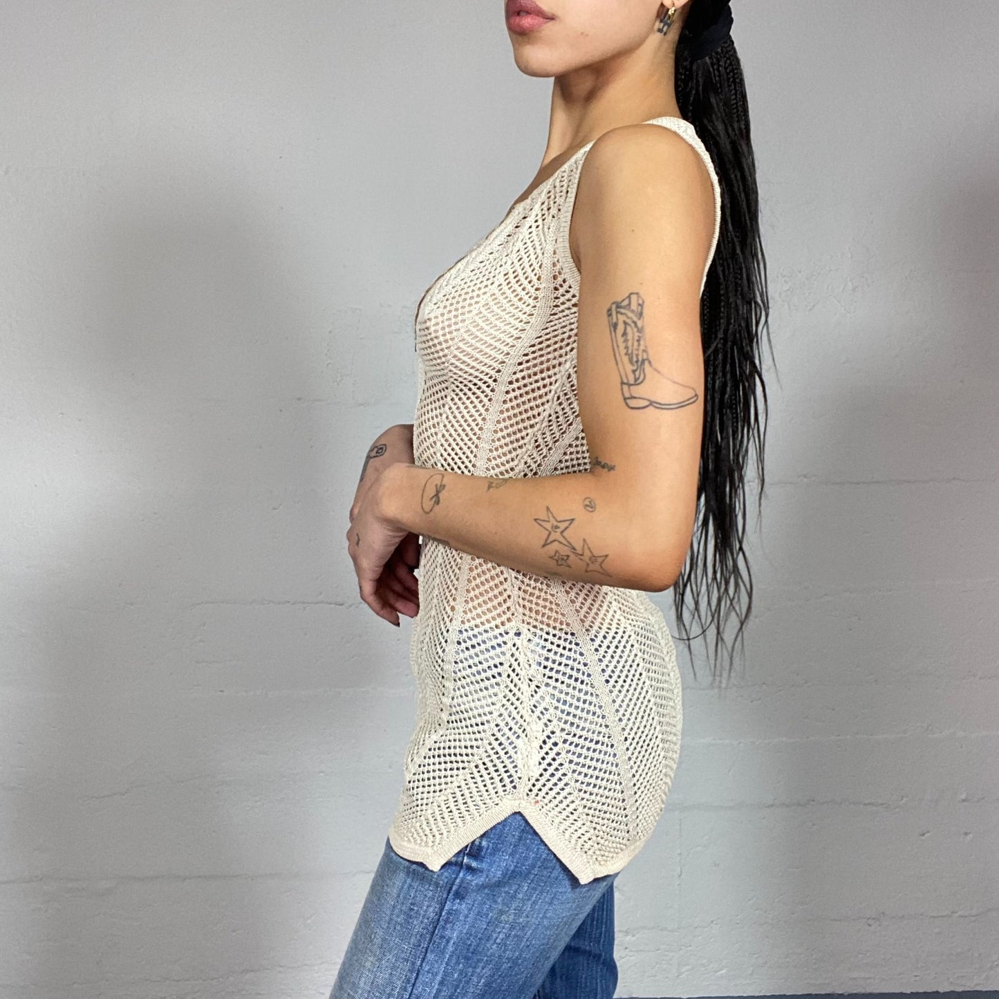Vintage 2000's Boho Girl Beige Crochet Long Top (S)