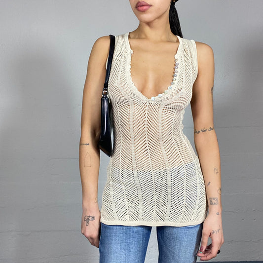 Vintage 2000's Boho Girl Beige Crochet Long Top (S)