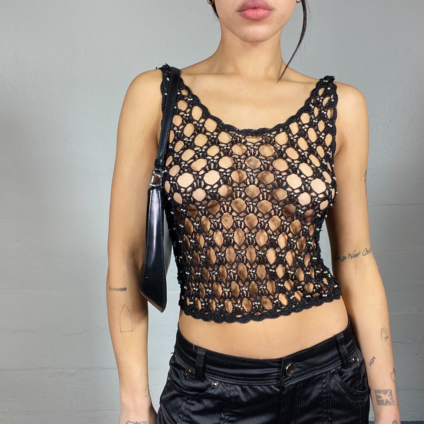 Vintage 2000's Rave Black Pierced Fishnet Top (S/M)