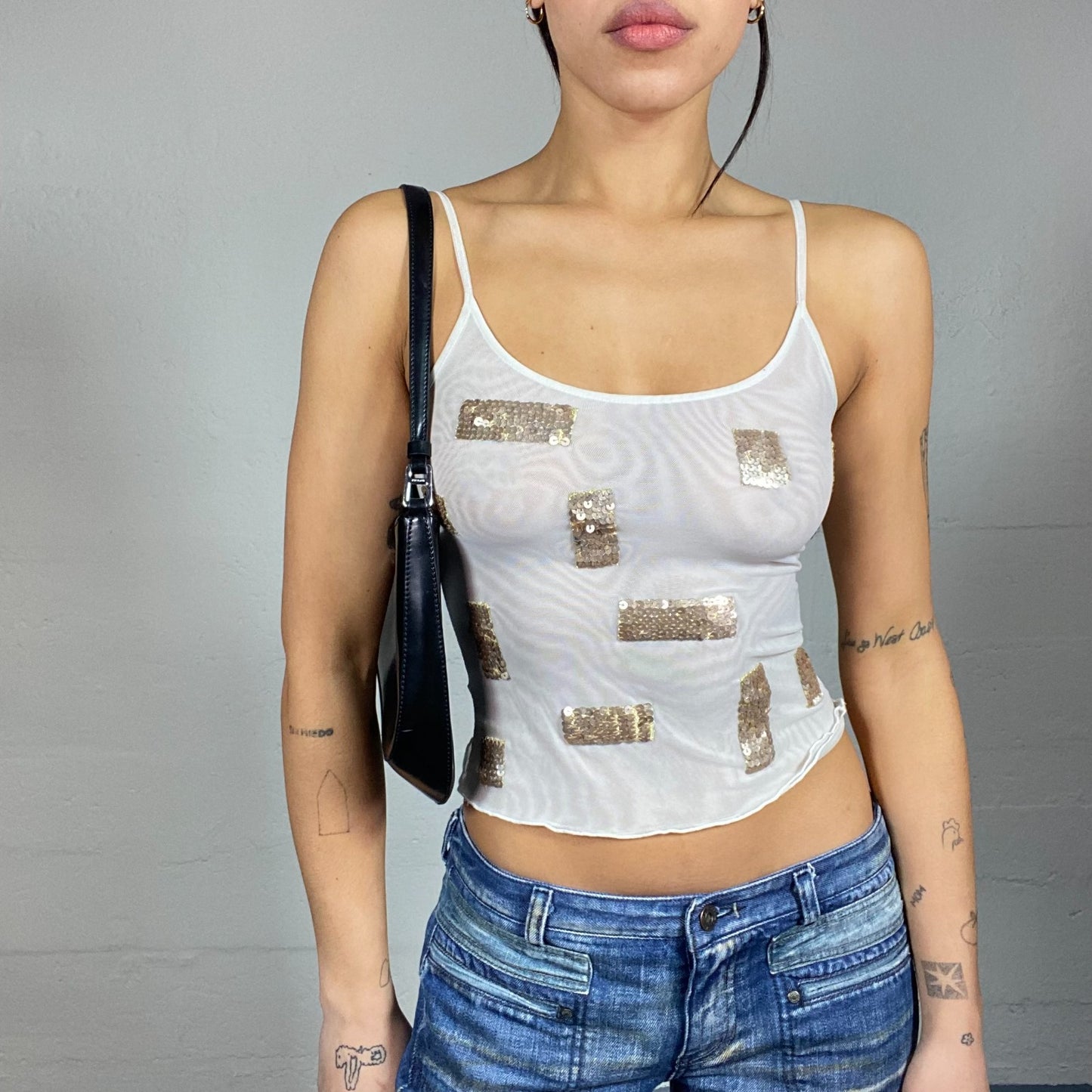 Vintage 2000's Clubwear White Mesh Top with Gold Patched Sequins Detail (S/M)