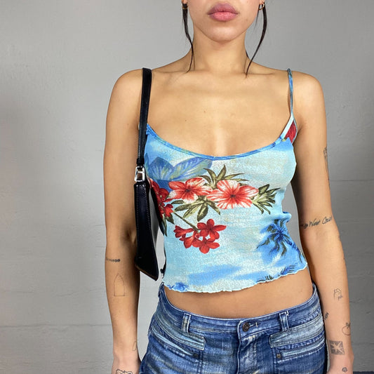 Vintage 2000's Surfer Girl Blue Cami Top with Hawaiian & Hibiscus Print (S/M)