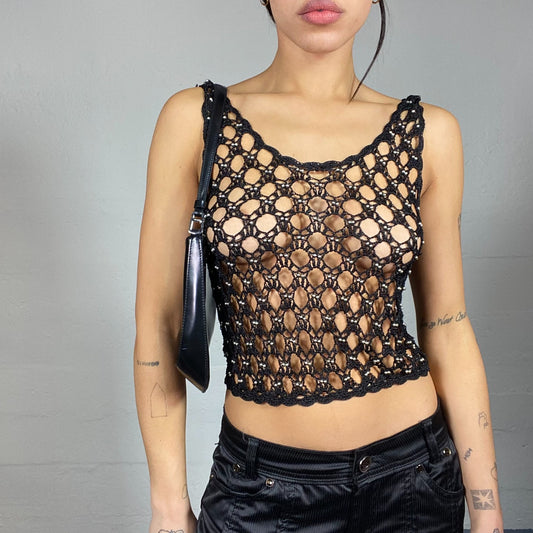 Vintage 2000's Rave Black Pierced Fishnet Top (S/M)