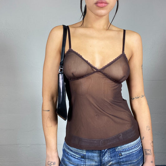Vintage 2000's Clubwear Brown Mesh Top with Delicate Lace Trim Detail (S/M)
