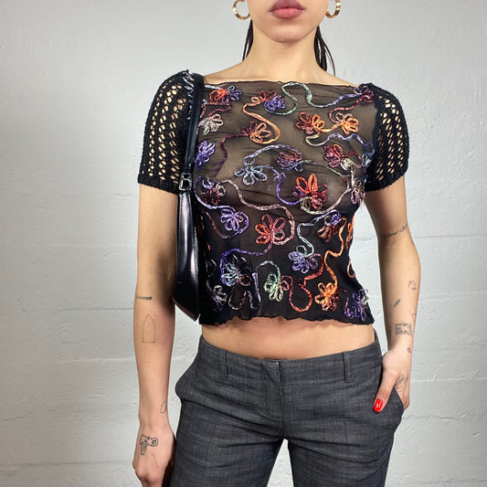 Vintage 2000's Romantic Black Mesh Crochet Sleeves Top with Floral Embroidery (M)