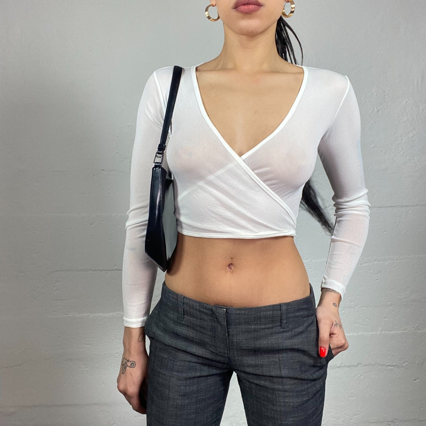 Vintage 2000's Soft Girl White Mesh Wrapped Top with Lace Up Detail (M)