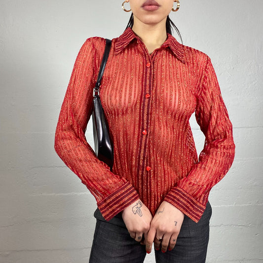 Vintage 90's Downton Girl Red Mesh Longlseeve Button Up Top (S/M)