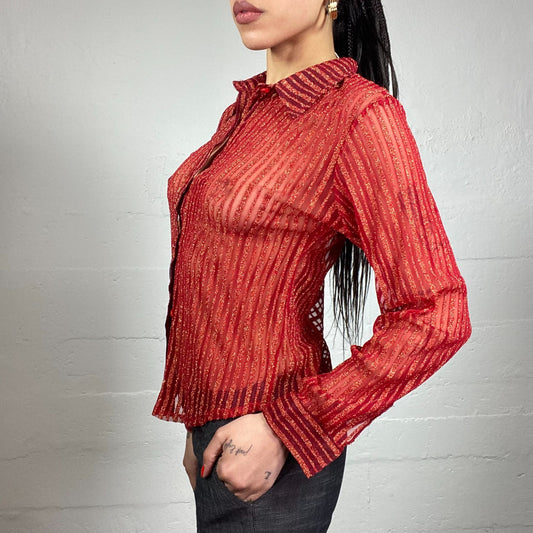 Vintage 90's Downton Girl Red Mesh Longlseeve Button Up Top (S/M)