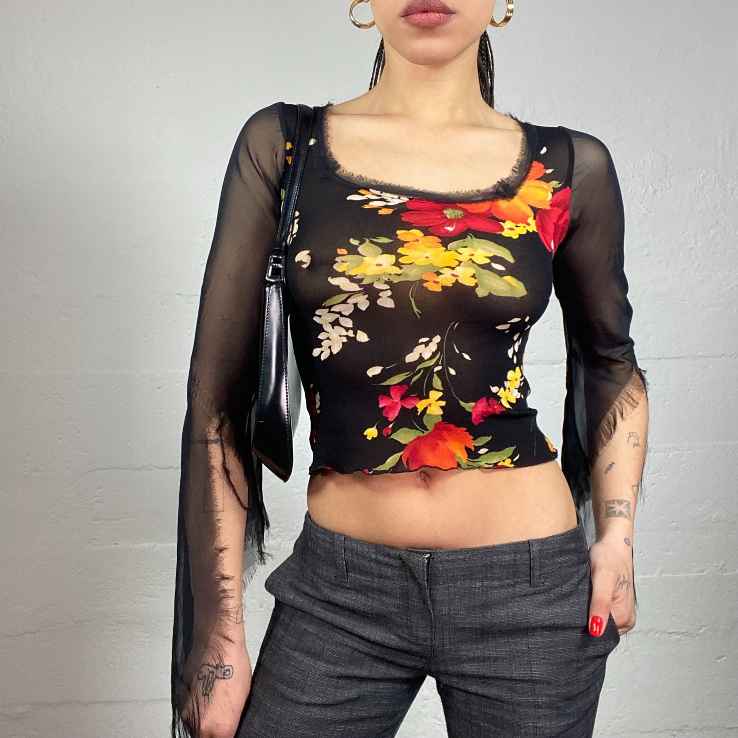 Vintage 2000's Romantic Black Mesh Angel Longsleeve Top with Floral Print (M)