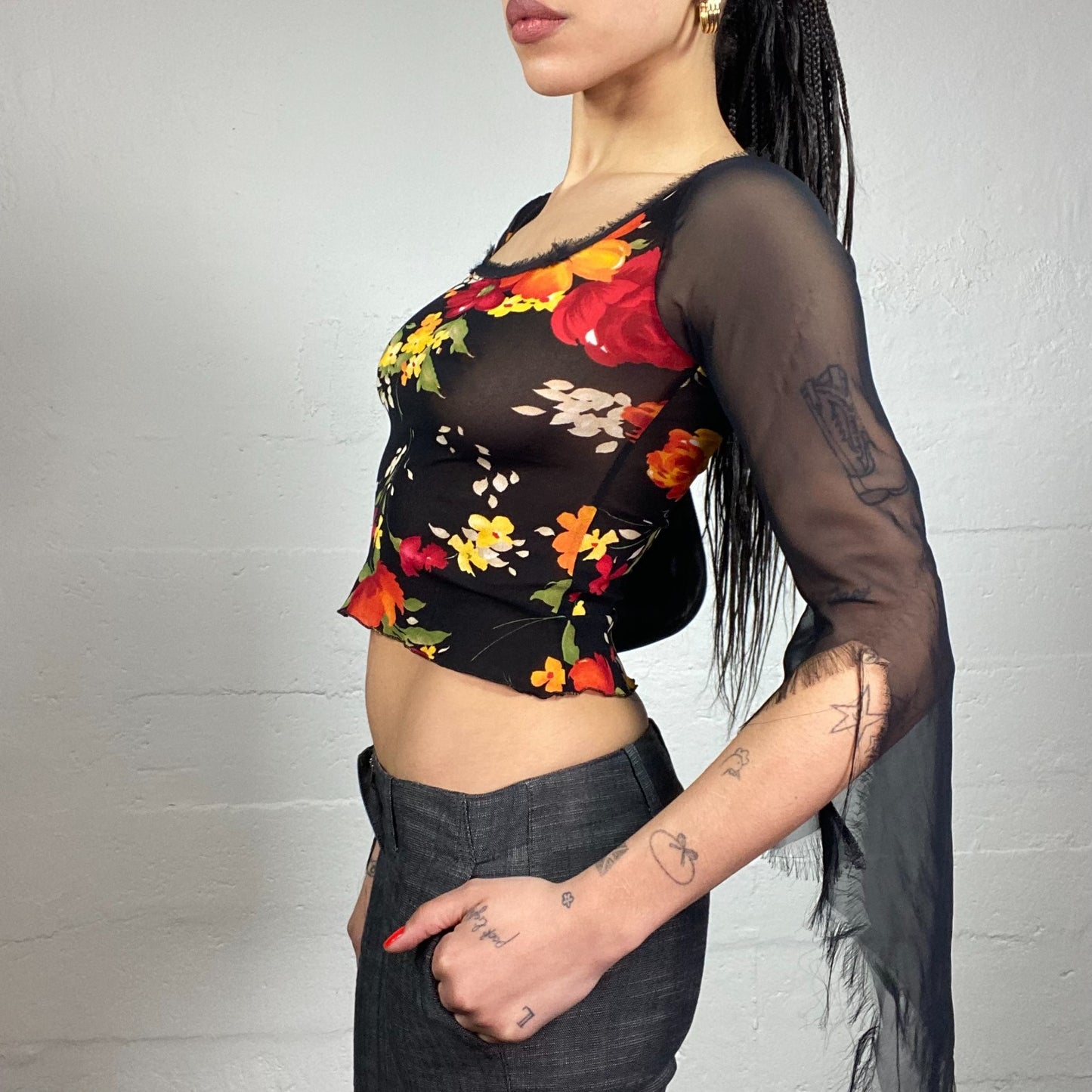 Vintage 2000's Romantic Black Mesh Angel Longsleeve Top with Floral Print (M)
