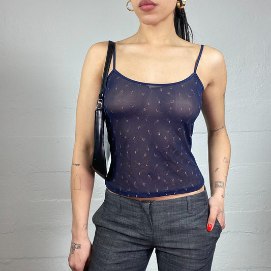 Vintage 90's English It Girl Navy Blue Mesh Cami Top with Floral Details (S)