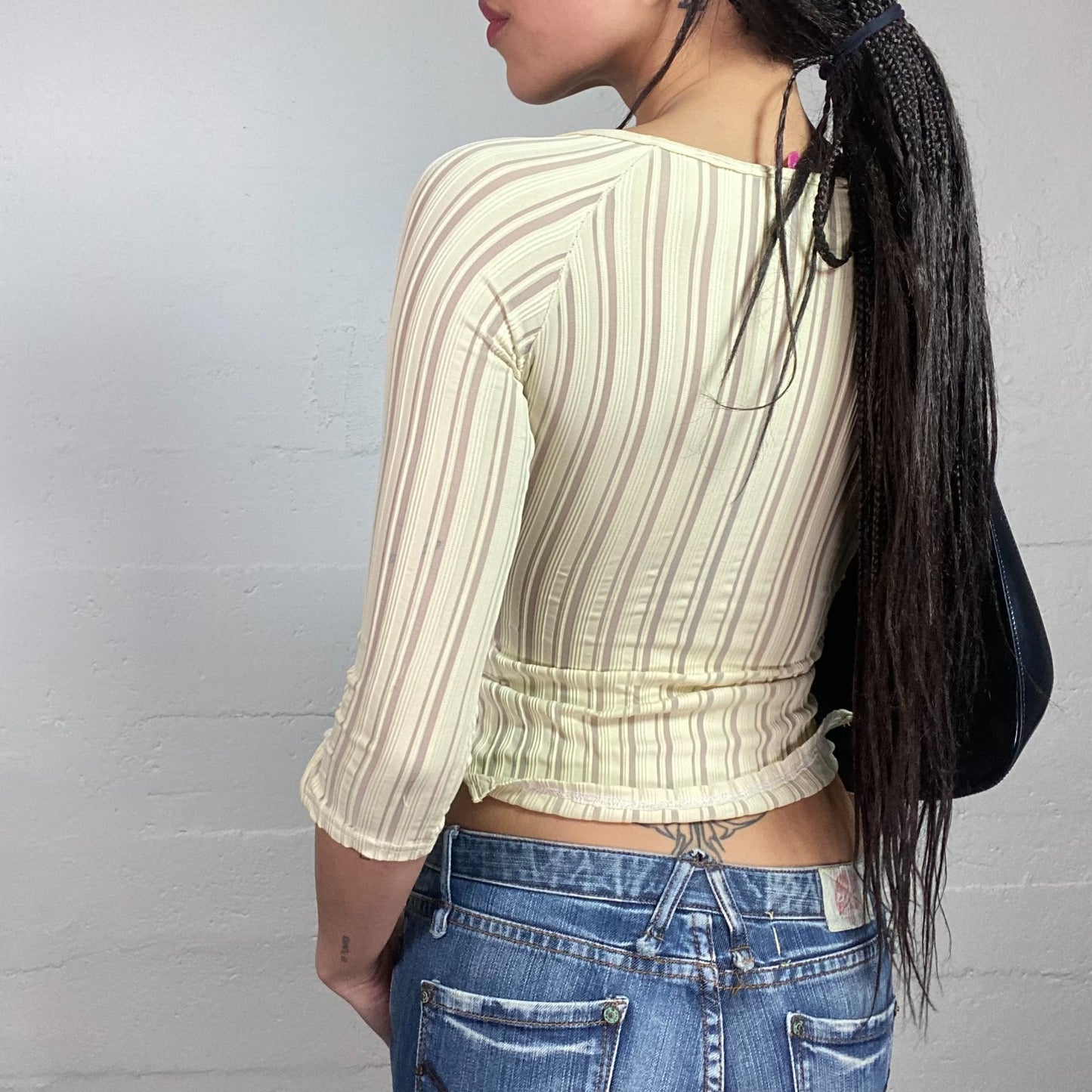 Vintage 2000's Downtown Girl Pastel Yellow Longsleeve Top with Mesh Trims Detail (S)
