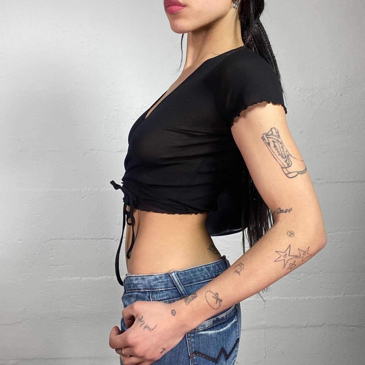 Vintage 2000's Morgan Clubwear Black Mesh Wrapped Top (S/M)