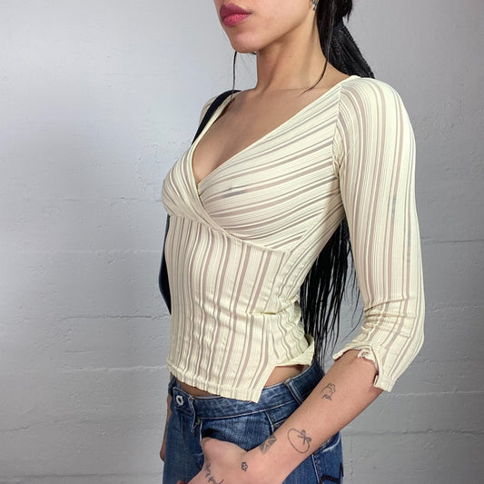 Vintage 2000's Downtown Girl Pastel Yellow Longsleeve Top with Mesh Trims Detail (S)