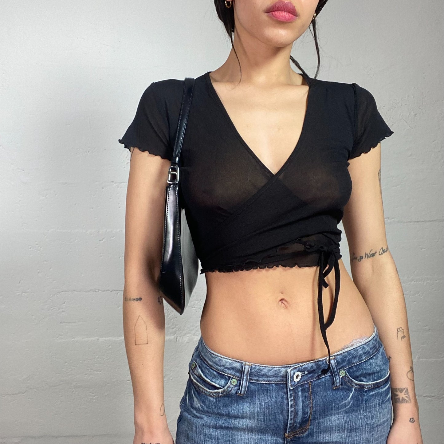 Vintage 2000's Morgan Clubwear Black Mesh Wrapped Top (S/M)