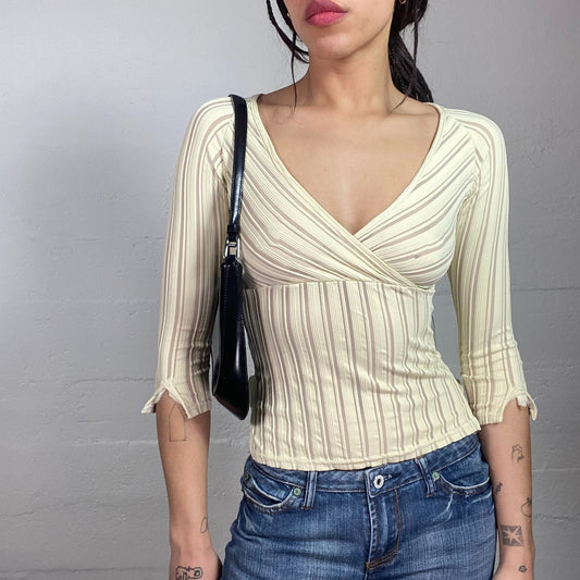Vintage 2000's Downtown Girl Pastel Yellow Longsleeve Top with Mesh Trims Detail (S)