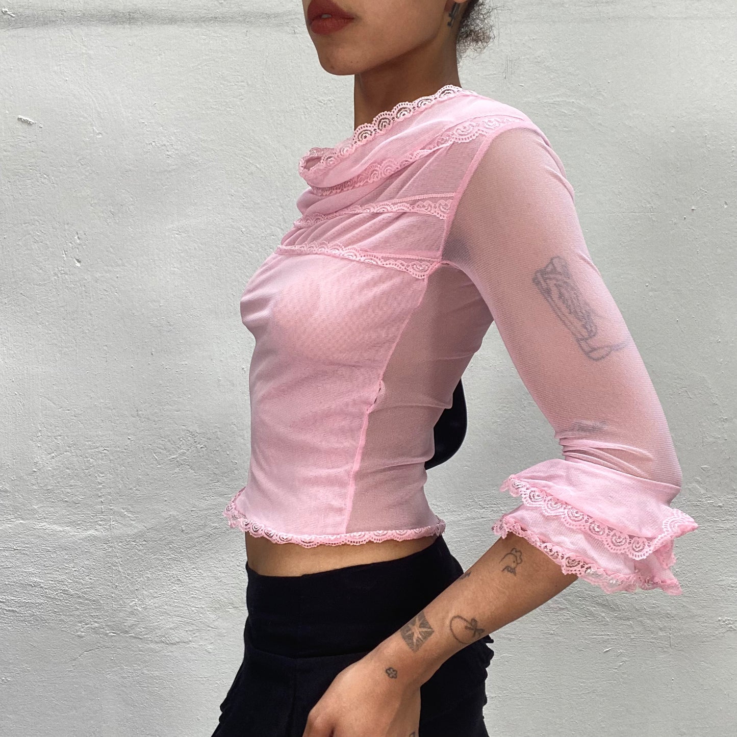 Vintage 90's Babydoll Pink Draped Neckline Longsleeve Top with Lace Detail (S)