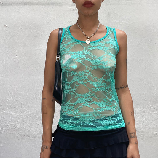 Vintage 2000's Ballet Mint Mesh Tank Top with Flower Print (S)