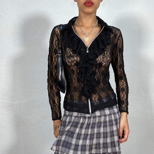 Vintage 90's Ballet Black Zip Up Lace Blouse with Frills Collar (S)