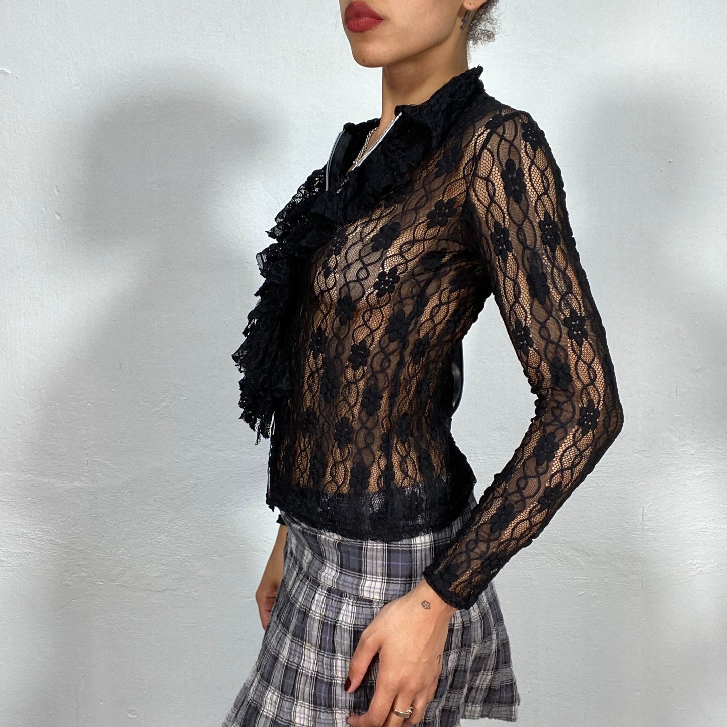 Vintage 90's Ballet Black Zip Up Lace Blouse with Frills Collar (S)