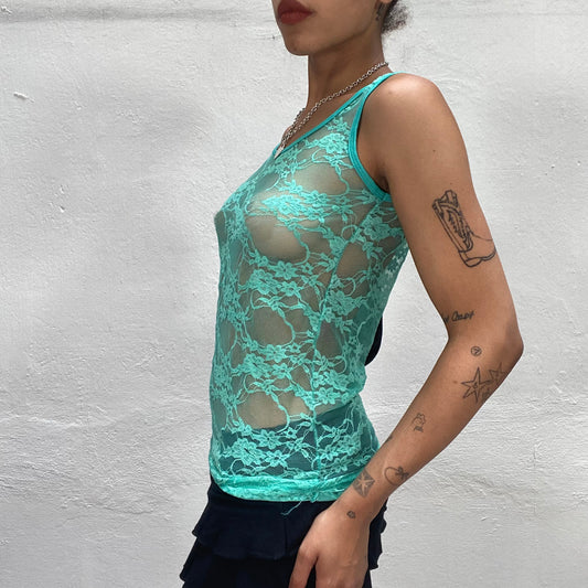 Vintage 2000's Ballet Mint Mesh Tank Top with Flower Print (S)