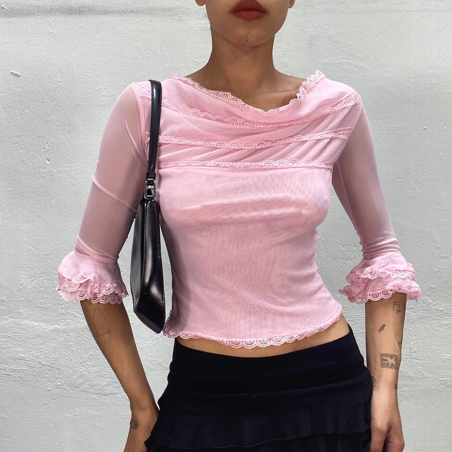 Vintage 90's Babydoll Pink Draped Neckline Longsleeve Top with Lace Detail (S)