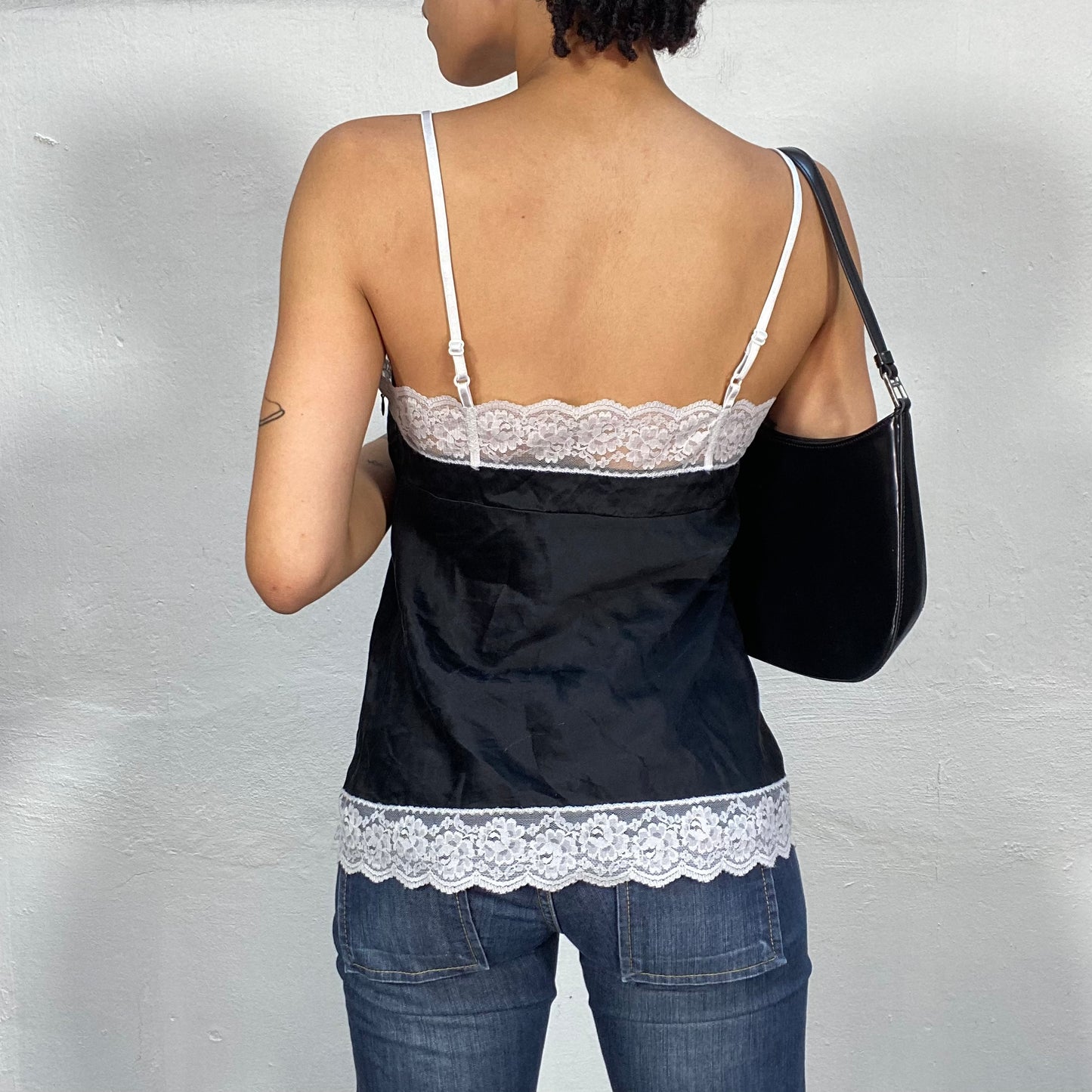 Vintage 2000's Coquette Black Satin Clam Top with White Lace Trim (S/M)