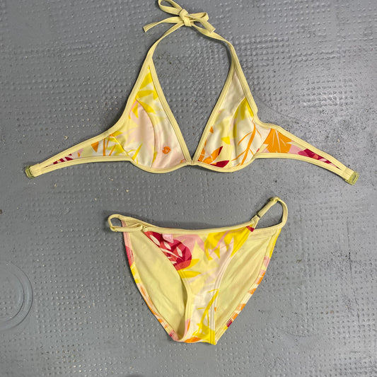 Vintage 2000's Funky Yellow Bikini Top with Colourful Plam Tree Print (XS)
