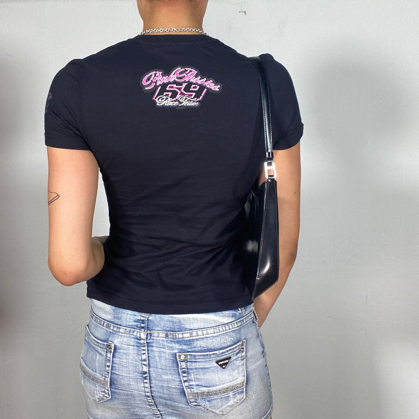 Vintage 2000's Streetstyle Black Baby Tee with 'Pink Pussies Race Team' Print (S)