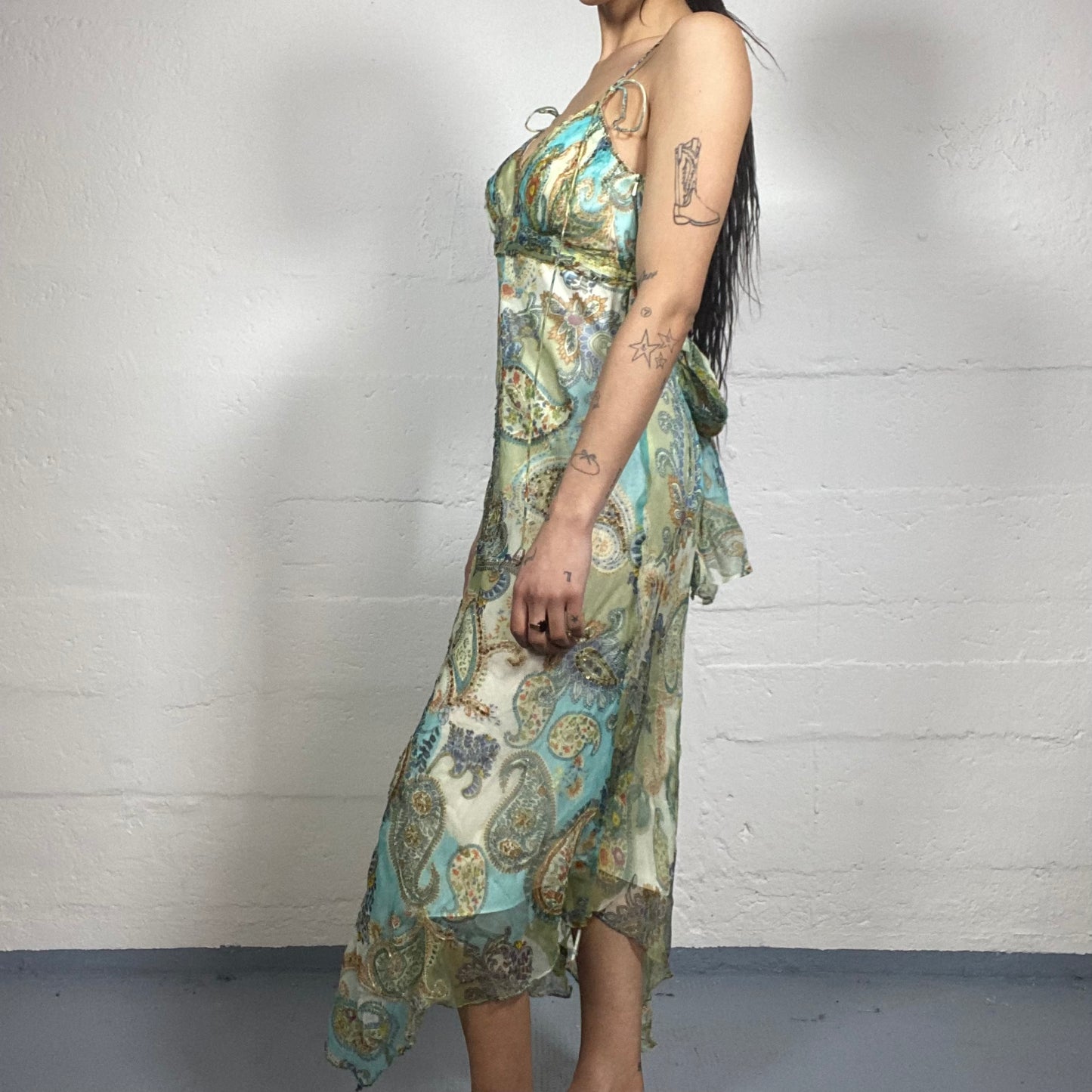 Vintage 90's Indie Turquoise Blue Maxi Paisley Print Dress (M)